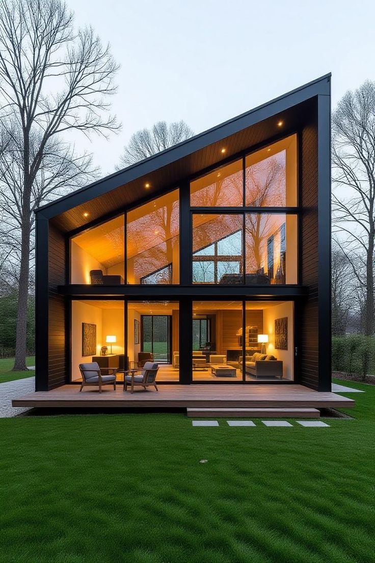 Casa moderna de techo inclinado y estructura negra, con ventanales iluminados y jardín al frente.